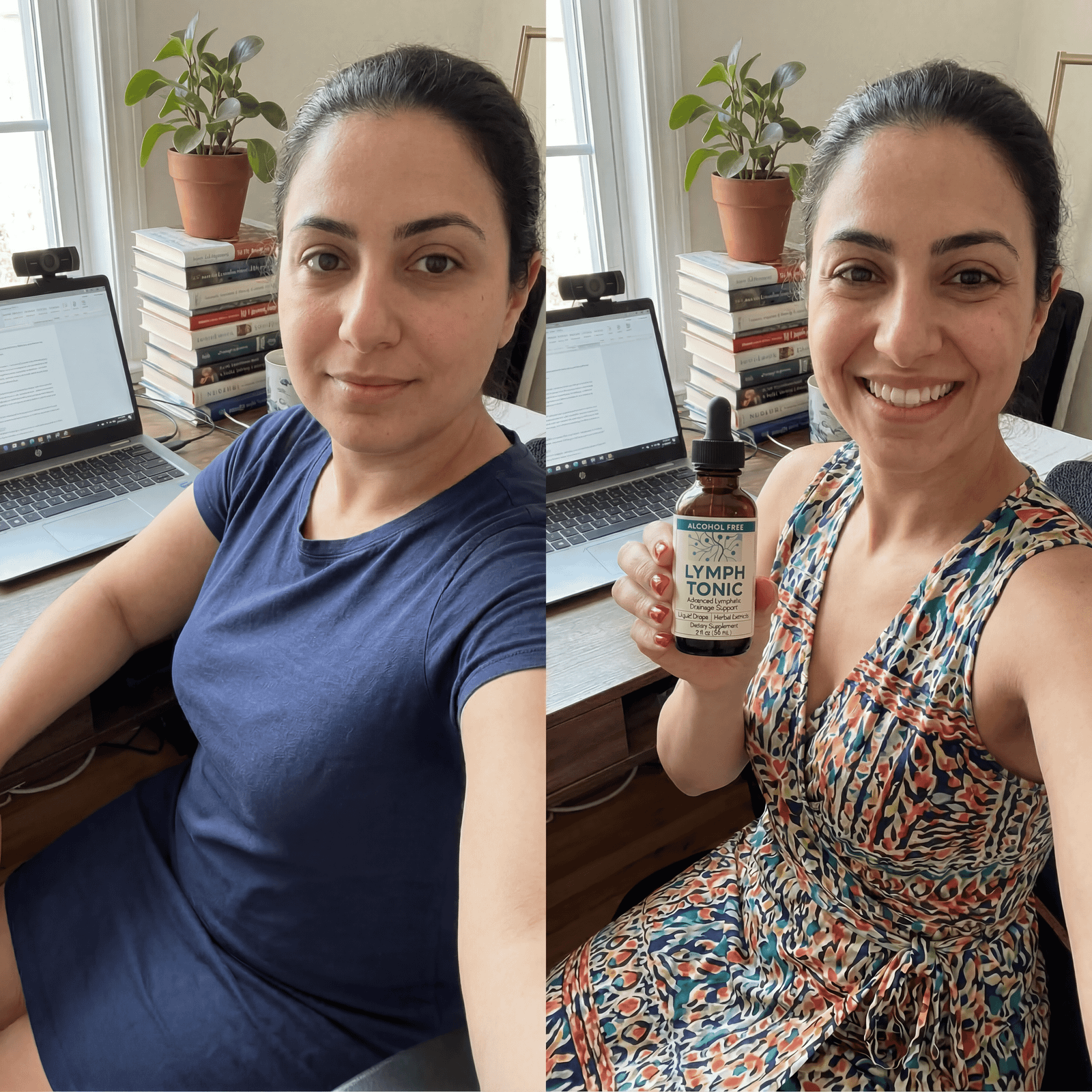 Before and after results with Lymph Tonic – woman at desk